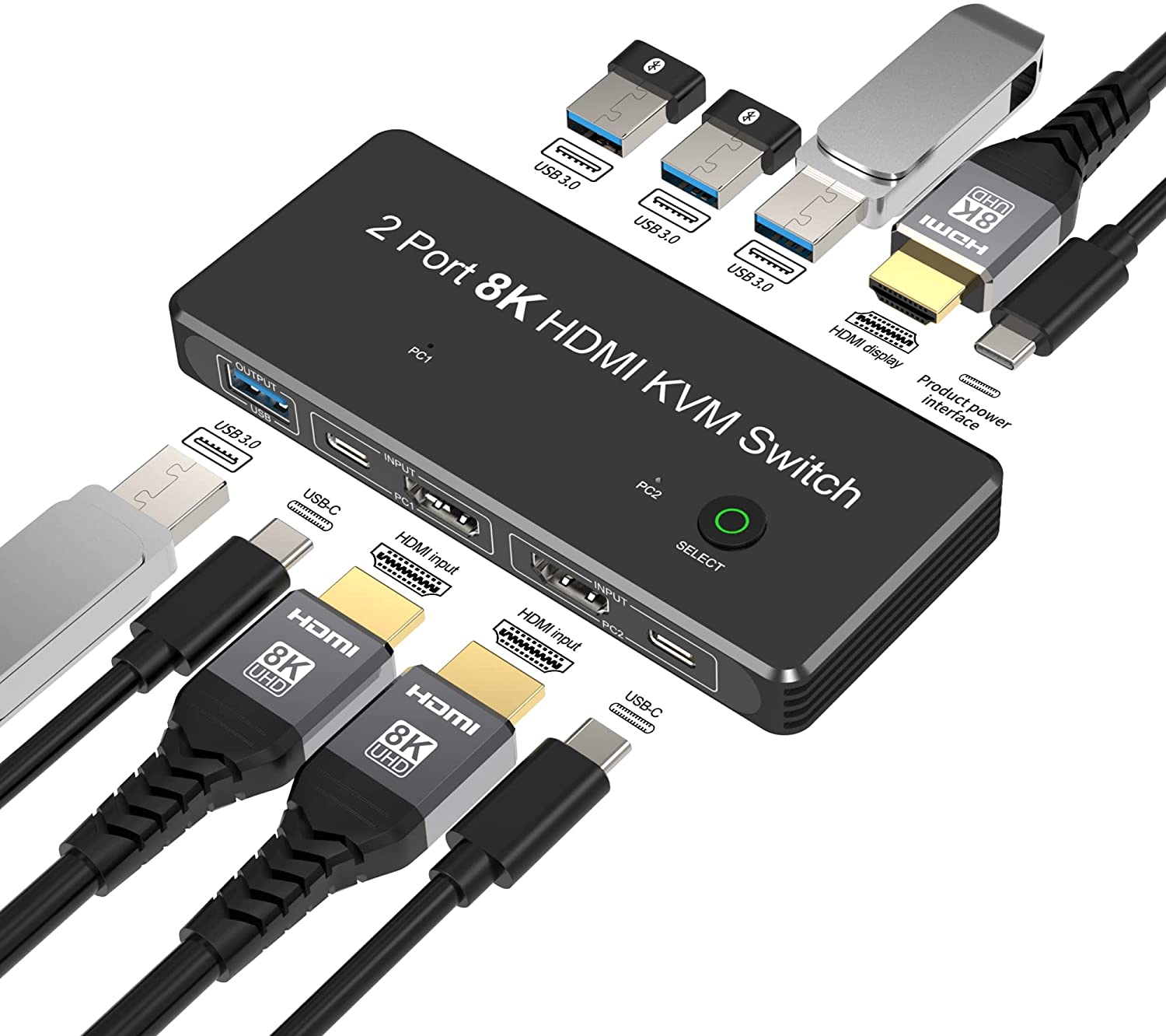 NÖRDIC USB-C och HDMI 2.1 8K60Hz KVM switch 2 till 1 HDCP2.3 HDR10 med 4xUSB-A output