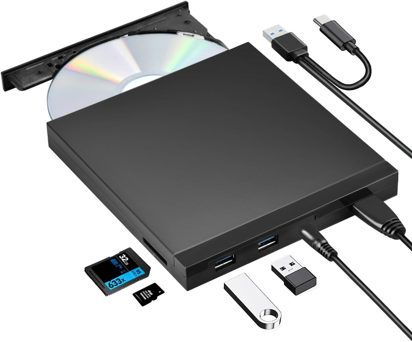 External Portable CD-ROM DVD+/-RW, CD Burner USB 3.0 with SD Card Reader + USB Ports Optical Disk Drive Player Mac Windows 11/10/8/7 Linux