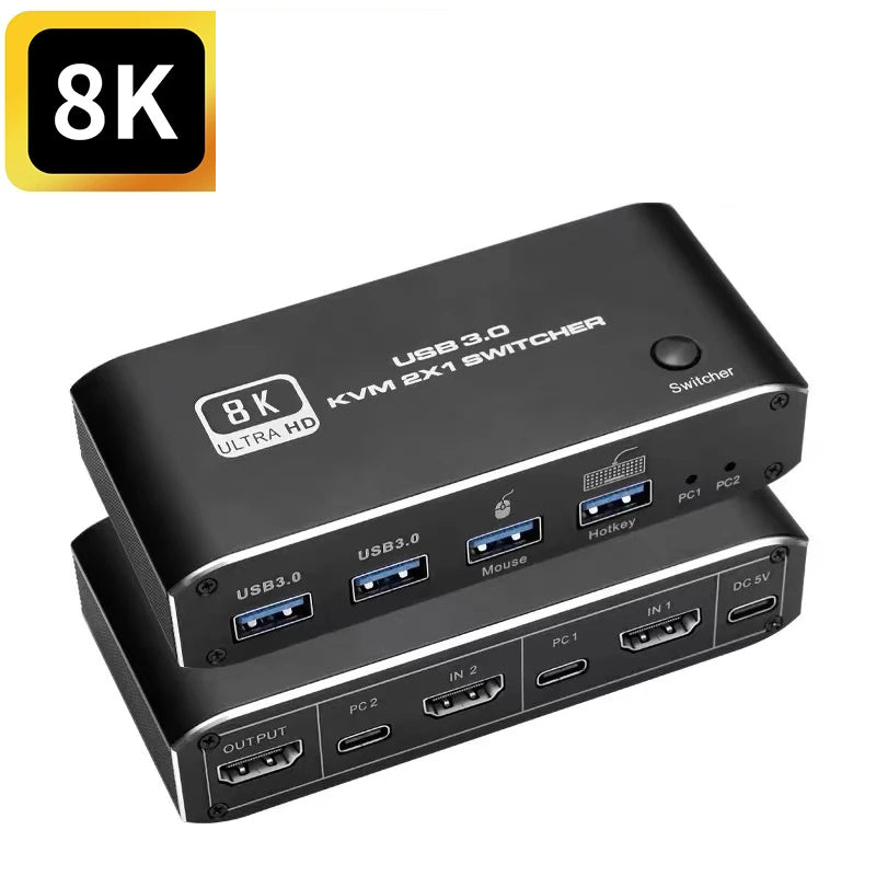 NÖRDIC USB-C och HDMI 2.1 8K60Hz  KVM switch 2 till 1 HDCP2.3 HDR10 med 4XUSB-A output