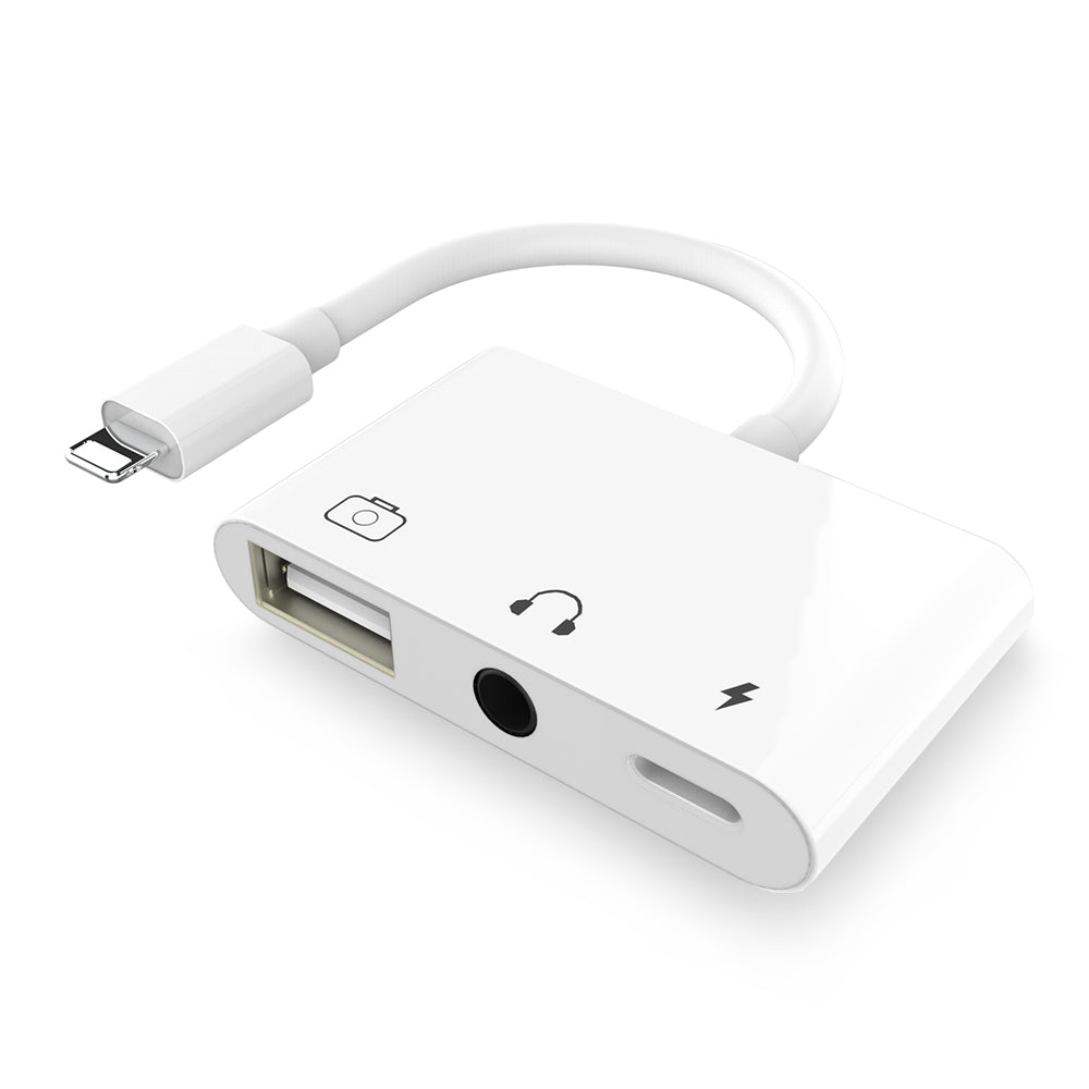 NÖRDIC Lightning adapter 1 till 3 portar 1xUSB A 1x audio 3,5mm och 1x Lightning för laddning