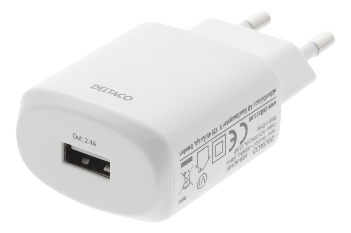 DELTACO USB väggladdare, 2,4 A, 100 V/240 V, vit