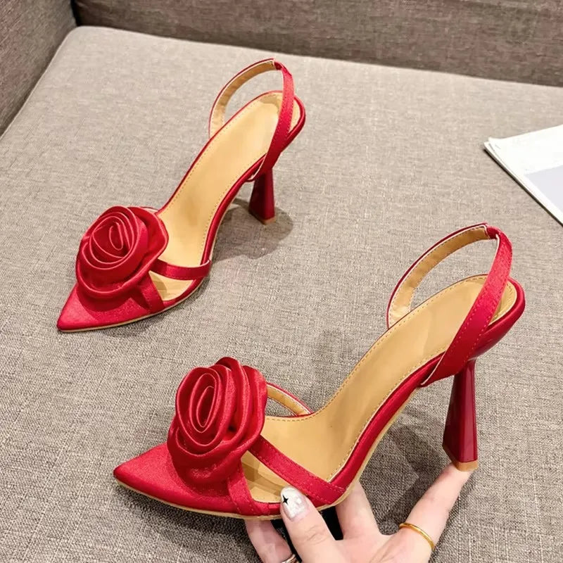 Silk Rose Flower Women's Slippers Sandals Sexy Pointed Open Toe Thin High Heels Summer Party Dress Shoes