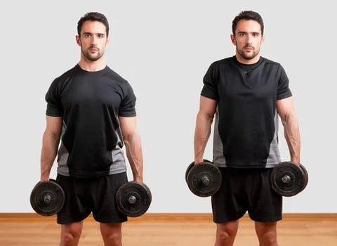 A pair of images of the same man in a black Tshirt and shorts holding dumbbells in each hand with relaxed shoulders in the first image and shrugged shoulders in the second.