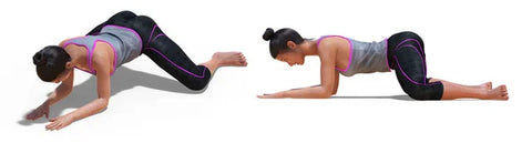 A digital rendering of a woman in black leggings and a light blue top against a white background on her knees and forearms showing the frog stretch position from two angles.