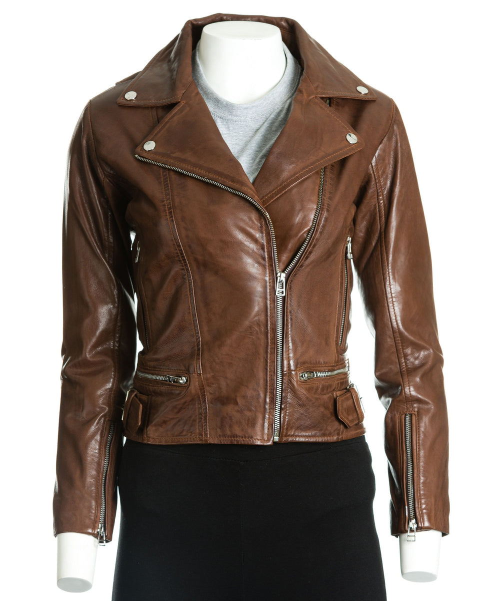 Women's Brown Asymmetric Leather Biker Jacket: Assisi – Leather Jacket ...
