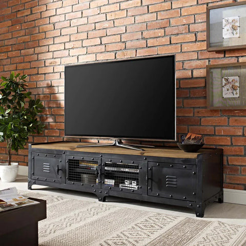 Anti rust steel tv console with solid pine wood top from Loft Home Furniture
