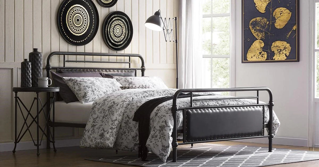 Metal bed frame with Mattress in bedroom