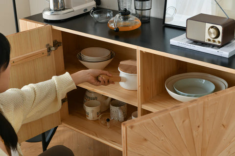 Solid pine wooden side cabinet radial from Loft Home Furniture