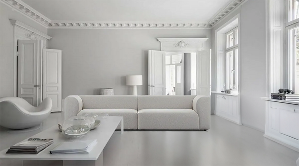 All white minimalist room with a 4 seater fabric sofa by Loft Home Furniture