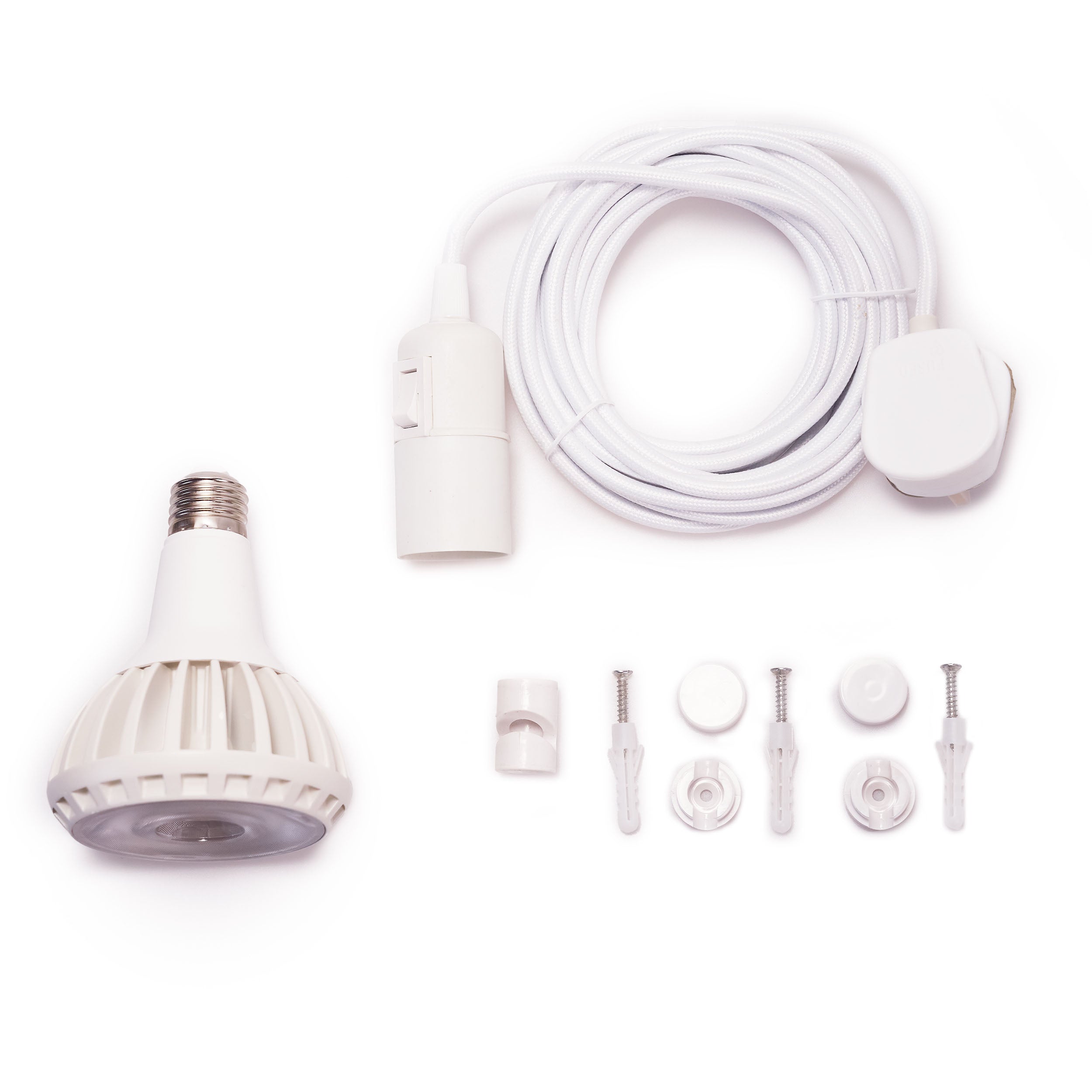 The components of the bundle: Pianta grow light bub, ceiling pendant and wall fixtures
