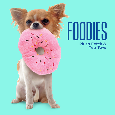 Dog with a plush donut in its mouth with text on the side that says "Foodies"