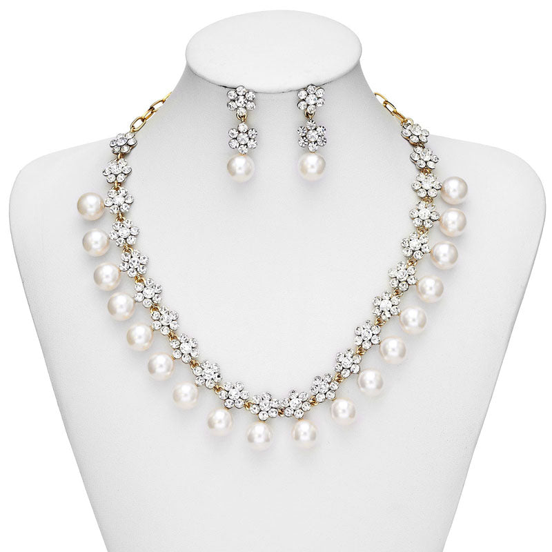 Crystal-pearl necklace and earring set