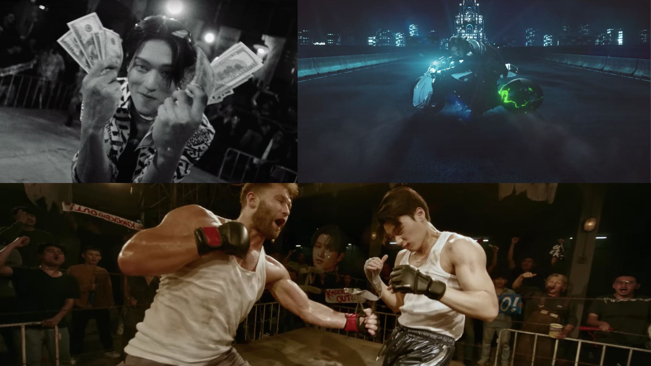 A man with money, a motor cyclist, and two men boxing