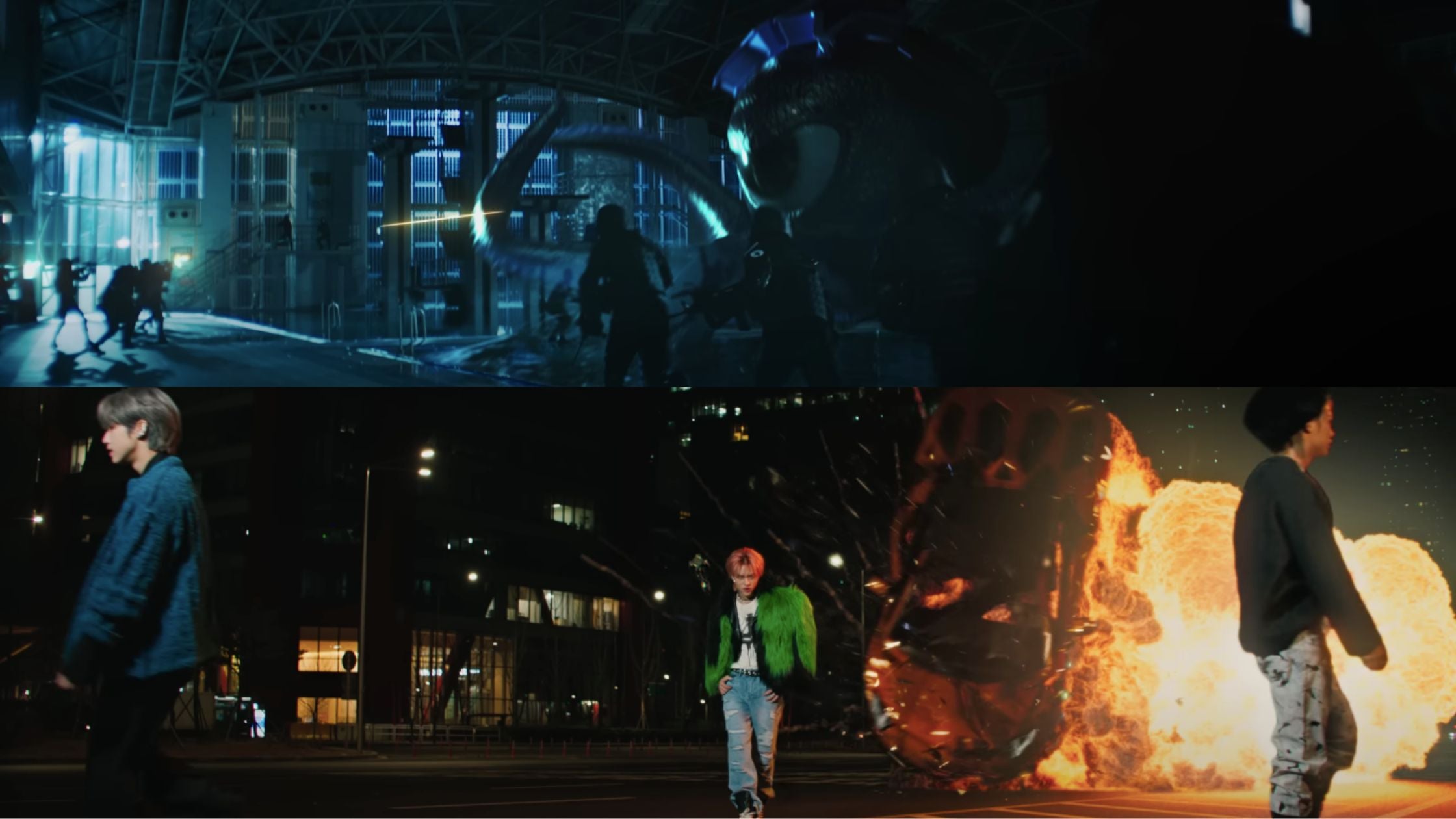 Octopus at a pool fighting soldiers, with a car exploding behind Han and Felix and beside Hyunjin