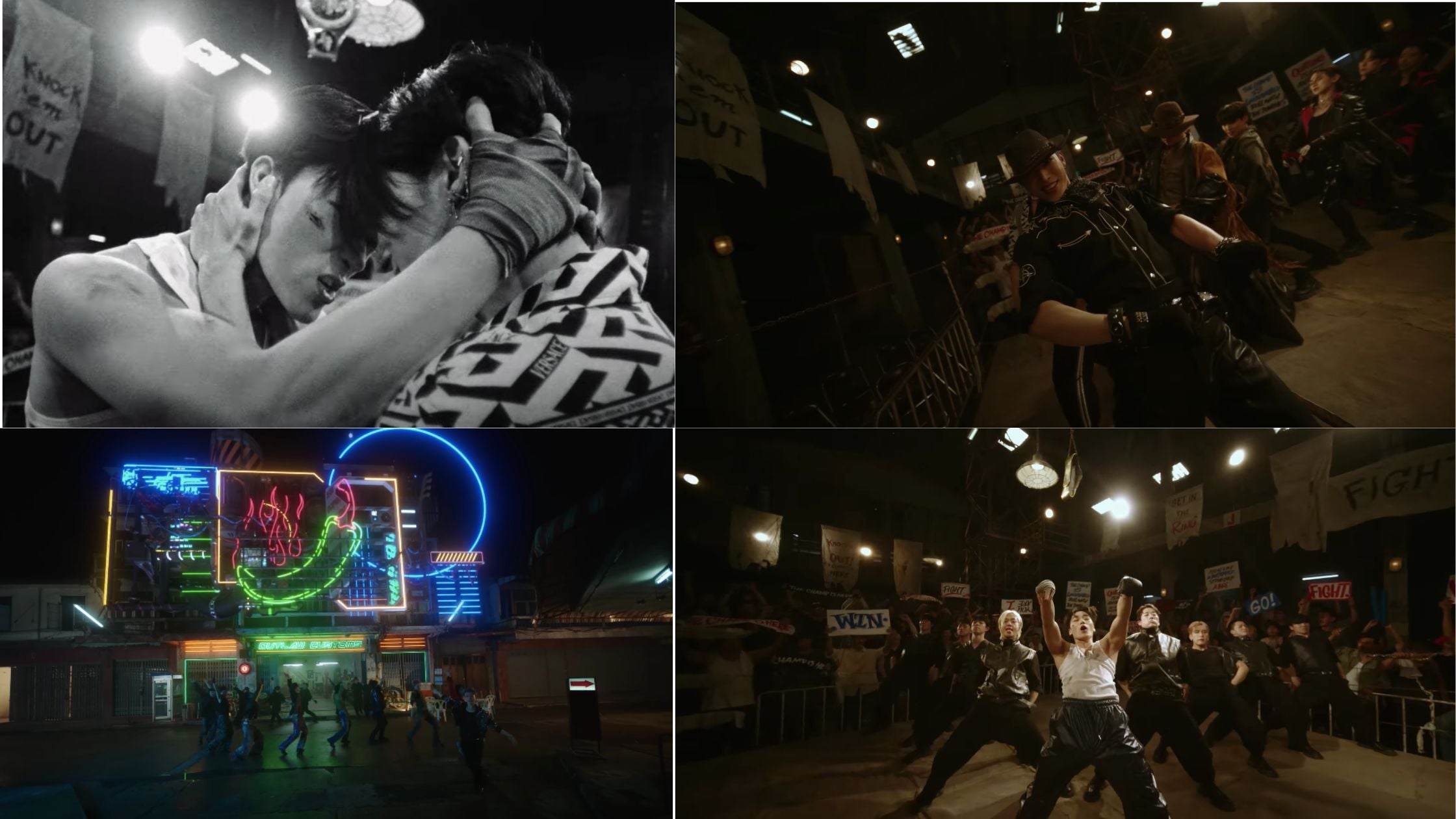 Two men with faces close, eight men dancing under neon chilli peppers sign, dancing in boxing ring