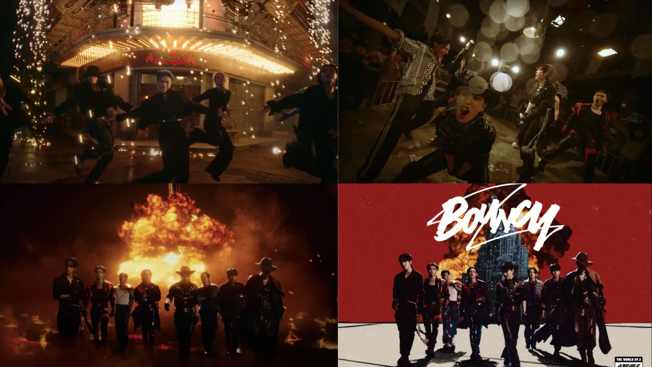 Two dance scenes with fire and water effects, eight men with explosion behind them, same scene but painted like album cover