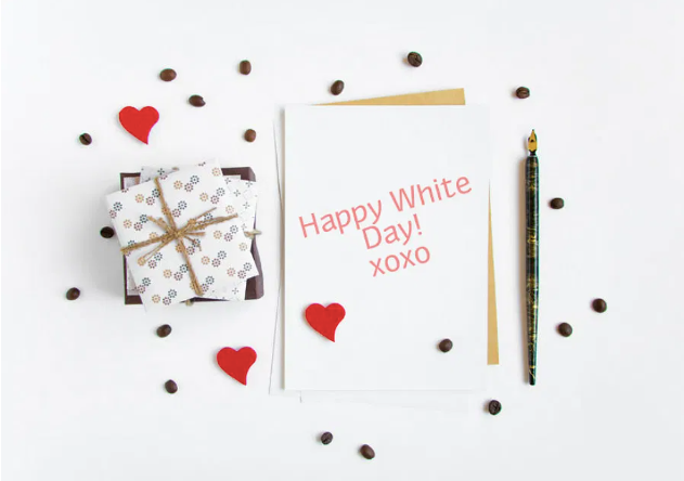 White Day card, gift, and fountain pen
