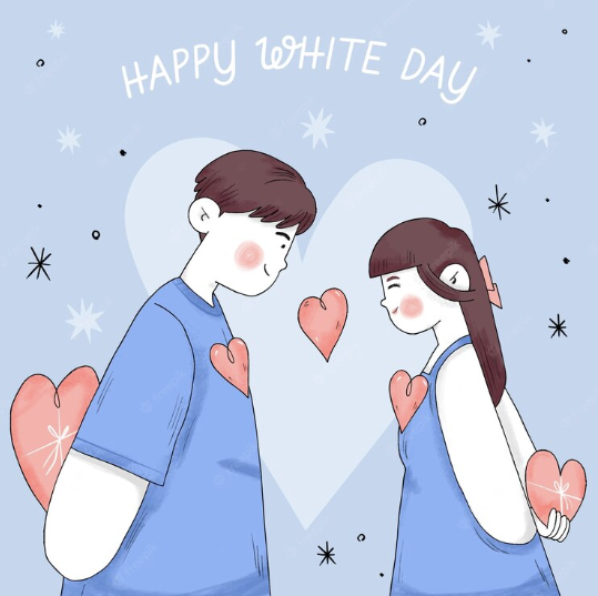 White Day card with boy and girl holding hearts behind their backs