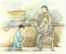Boy bowing to parents in Confucianist Asia