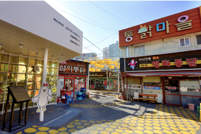 An alley with fried chicken shops