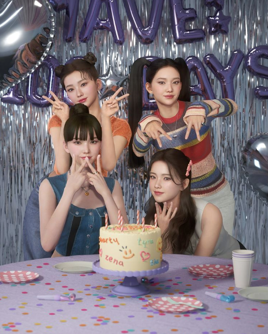 Four AI girls gathered around a cake