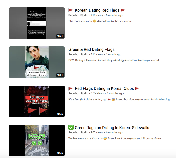A list of some of the "Red & Green Dating Flags" videos by Seoulbox