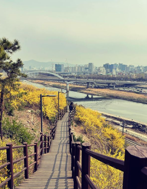 View from the top of a staircase on a hill overlooking the Han River and Seoul