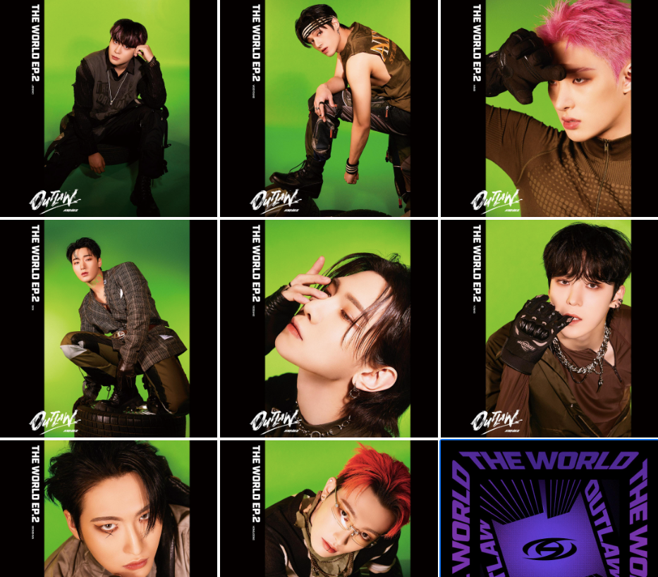 Solo images of ATEEZ members with green backgrounds and a purple cover of "Outlaw"