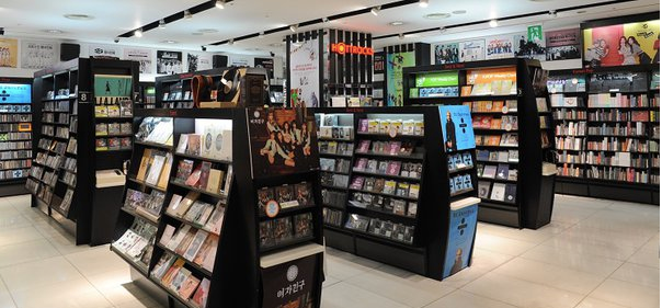 Bookcases with Kpop albums in Kyobo HOTTRACKS