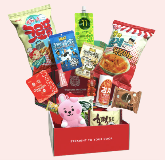 Seoulbox snack box on a pink background