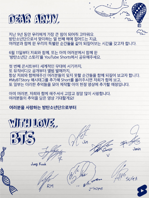 A handwritten letter from BTS to ARMY