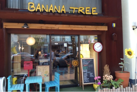 Exterior of Banana Tree cafe with blue chairs and table and sunflower in large pot