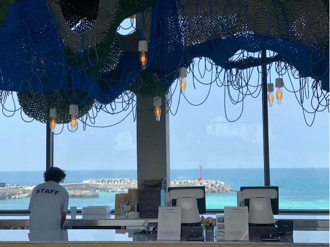 A cashier standing at table with cash machines under nets in front of tall windows