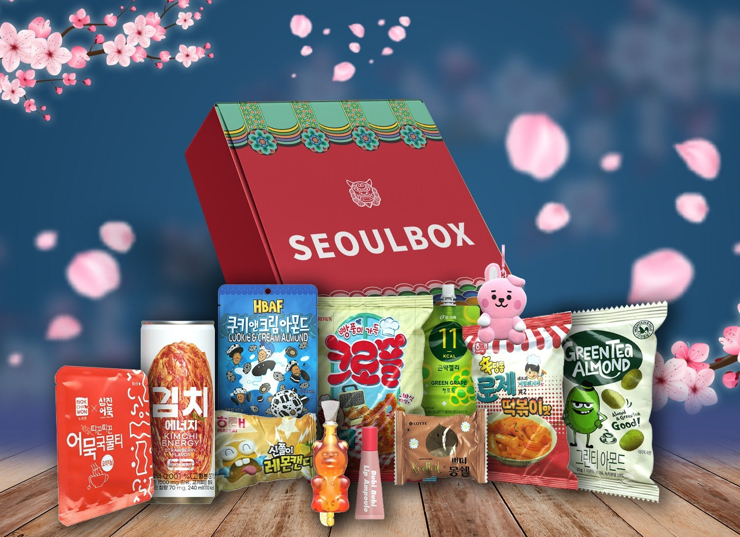 Korean snack subscription box with cherry blossoms