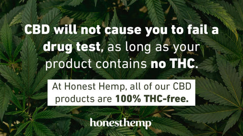 Image stating that CBD will not cause you to fail a drug test since it contains No THC. All Honest Hemp Products are 100% THC Free