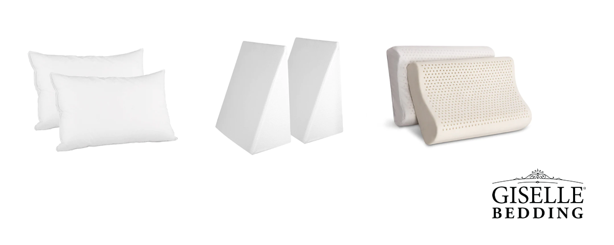 Three Giselle bedding products: goose feather down pillows, memory foam wedges and latex pillows.