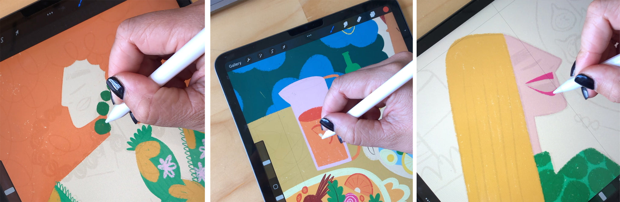 Jigsaw Puzzle in the making, artwork by NZ artist Hope McConnell. Fashionable ladies and tasty food. Ipad digital artwork in the making.