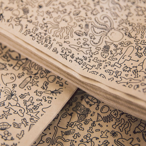 Brown paper mailing bags with printed doodles in black ink