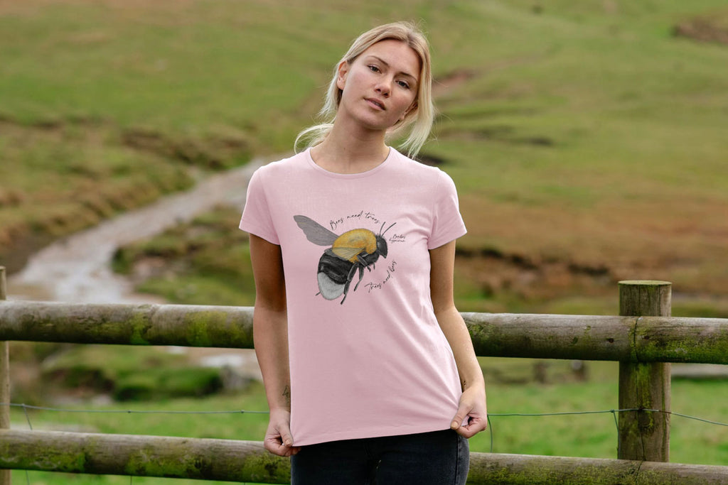 woman in a pink t shirt with bumbleebee on it