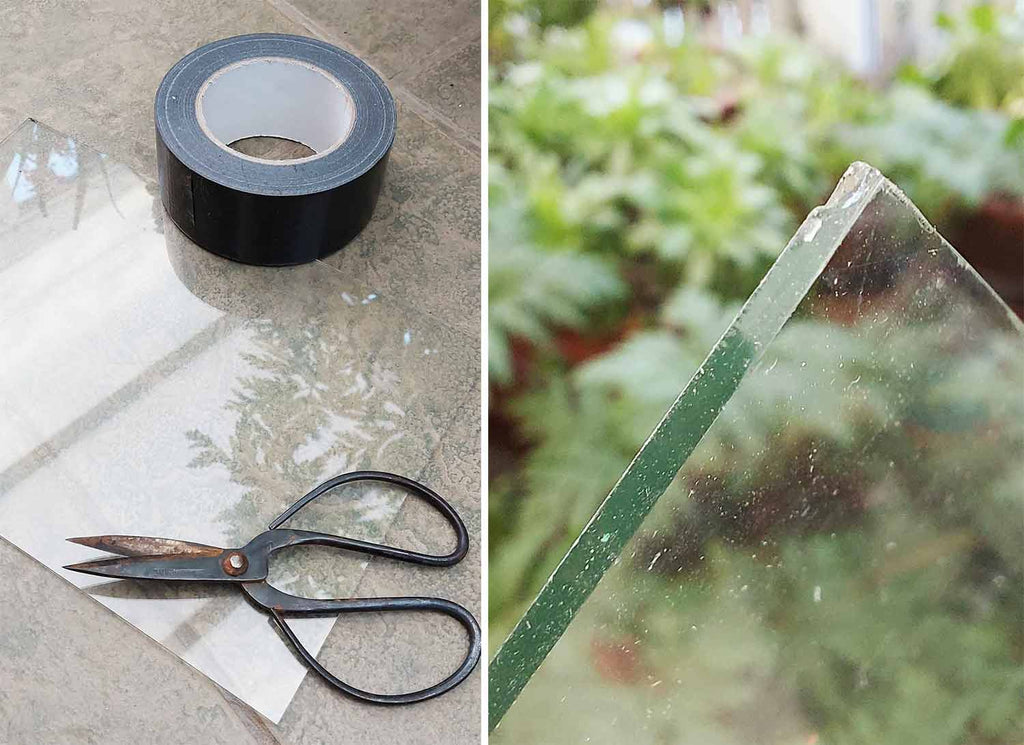 Materials laid out to make an at home propagator - Sheet of glass duct tape and scissors