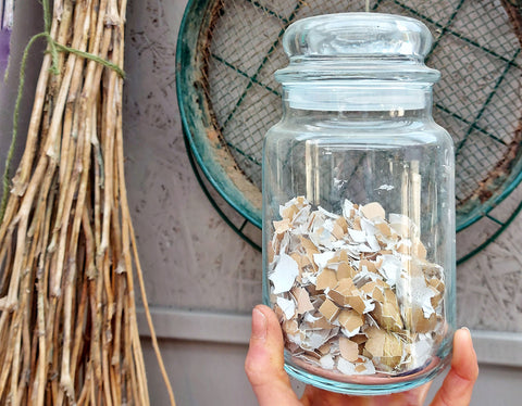 hand holding a glass jar with crushed egg shells inside