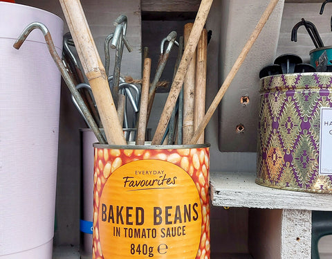 recycled baked beans tin with old tent pegs and bamboo canes inside a grey shed on a shelf
