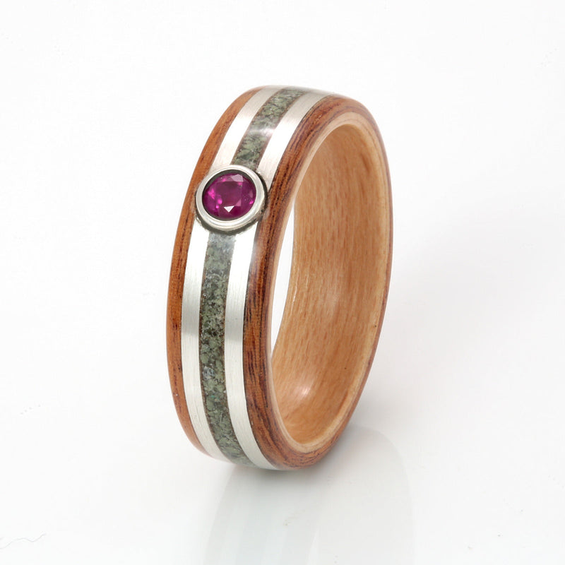 Rosewood with Beech, Silver, Aquamarine, Volcanic Stone & Ruby - EcoWoodRings