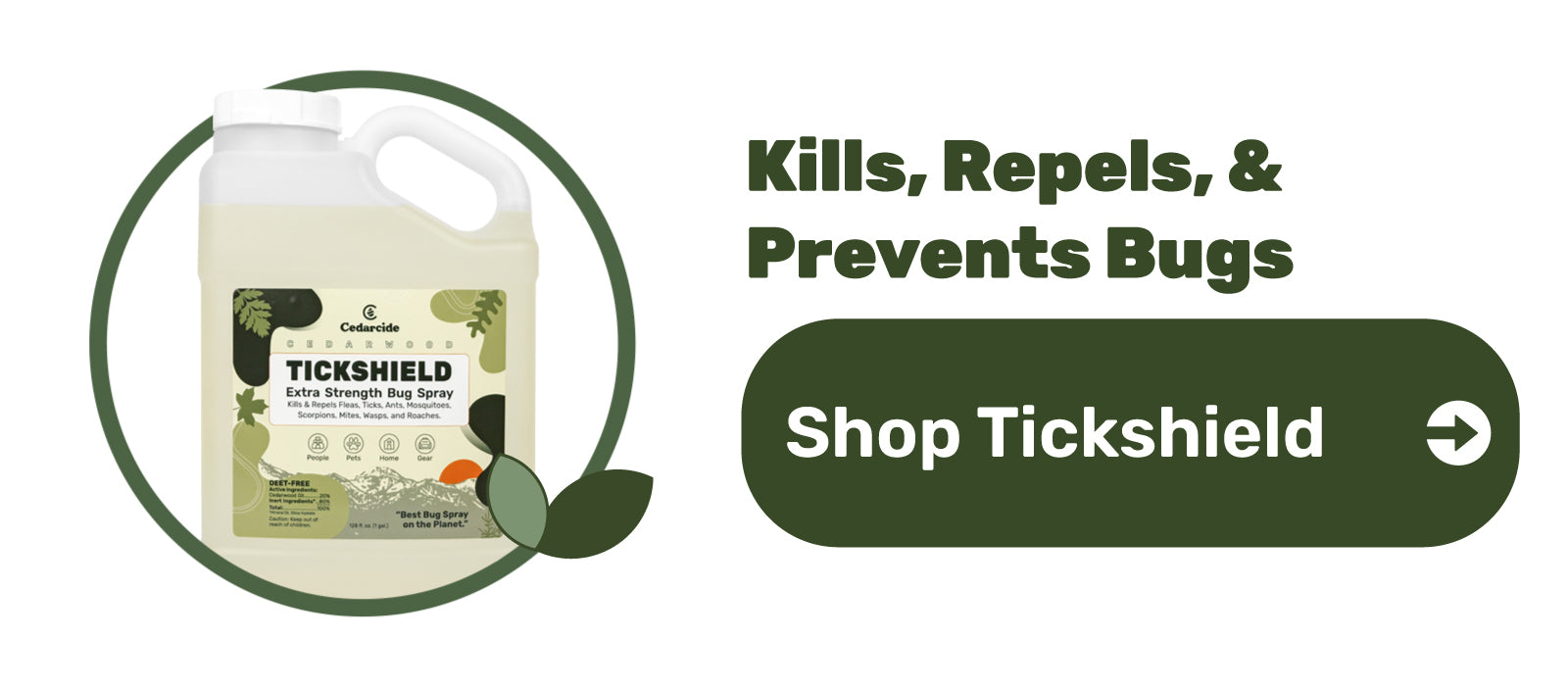 Shop Now button that shows Cedarcide Extra-Strength Bug Spray, Tickshield, for killing roaches