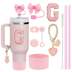 10-Piece Pink Tumbler Accessory Kit – Personalized Letter & Bow Set with Spill Stoppers & Charms - goosavvy.com