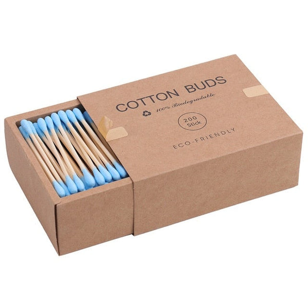 Image for a box of 200 bamboo double sided cotton swabs available in six color options.
