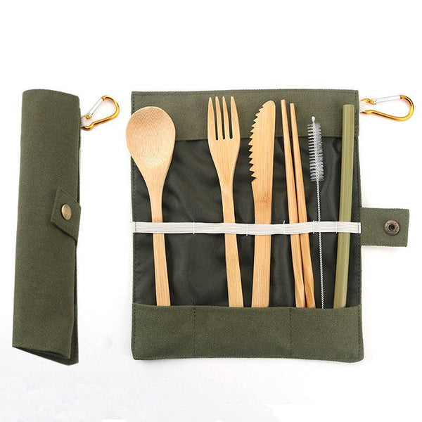 Image for portable reusable bamboo cutlery set, 7 pieces. Comes with a carrying pouch which is available in 4 colors.