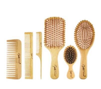 Image for bamboo hair brushes and combs, set of 6. Includes brushes and combs of different sizes suitable for adults and kids.