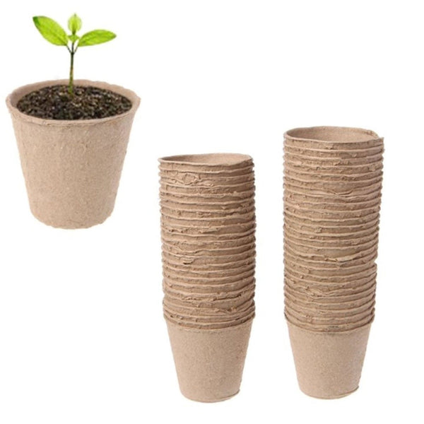 Image for small seed starter pots stacked in two piles along with one pot having a plant in it.