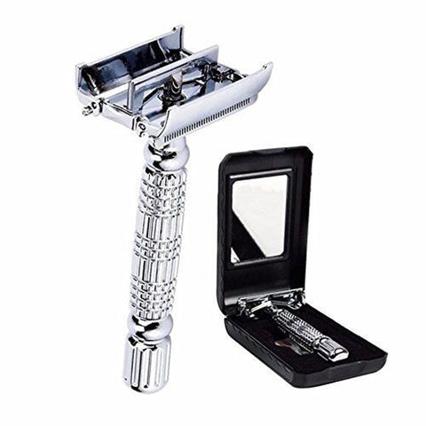 Image for reusable stainless steel shaving razor for men. It comes with a storage box and extra replacement blades.